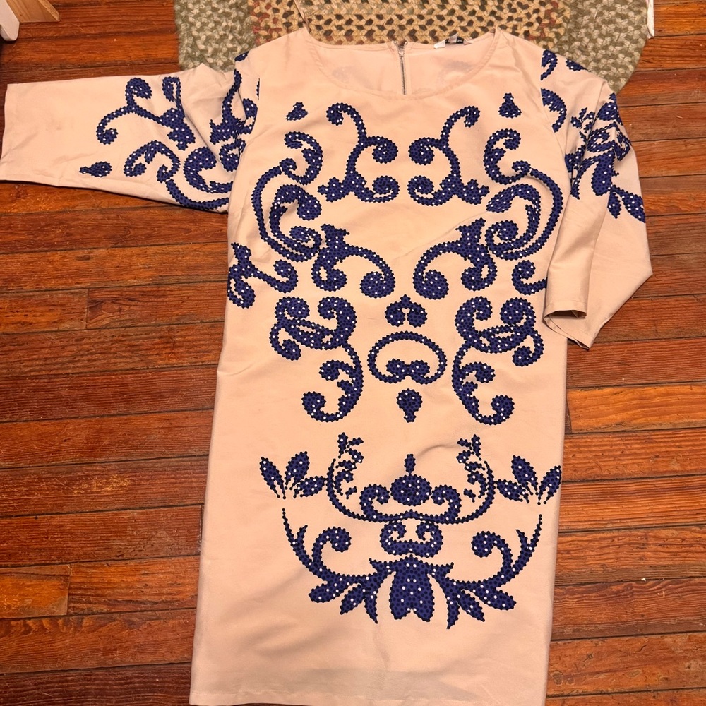 Chic Nation Beige Dress with Blue Embroidery